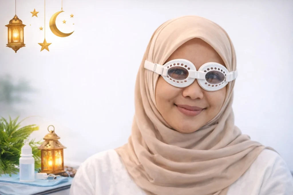 Wanita berhijab tersenyum menggunakan alat terapi mata dengan latar belakang tema Ramadan yang hangat