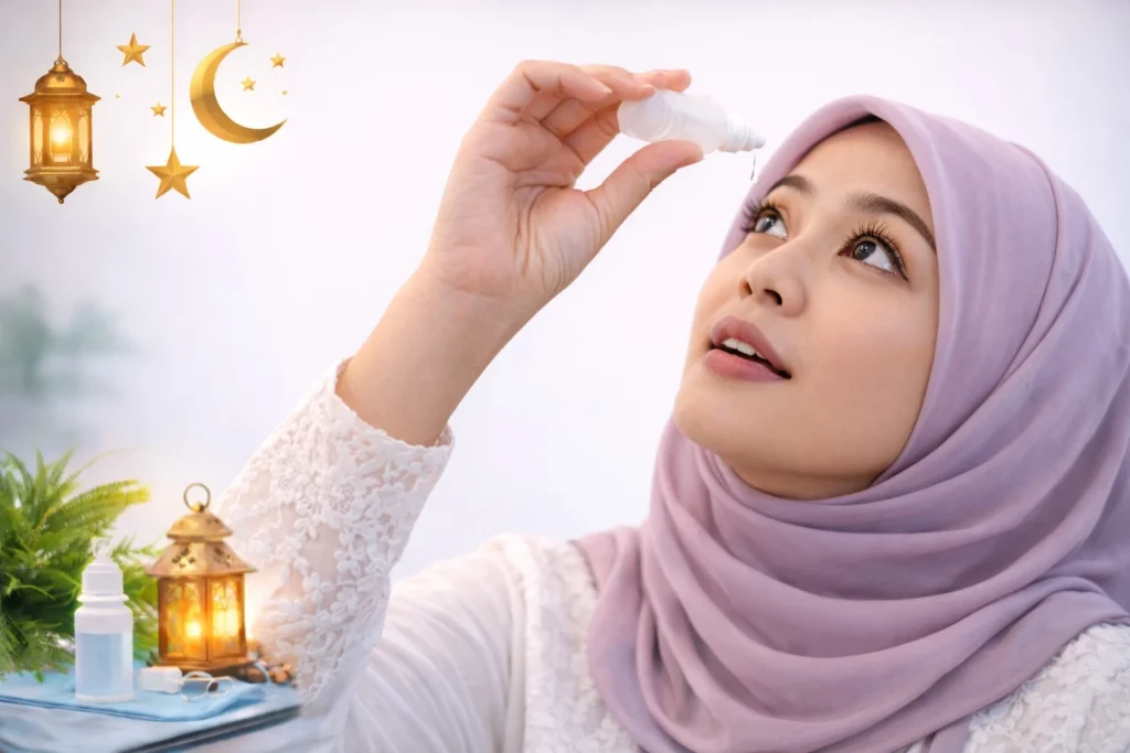 Wanita muslimah menggunakan obat tetes mata dengan latar belakang tema Ramadan