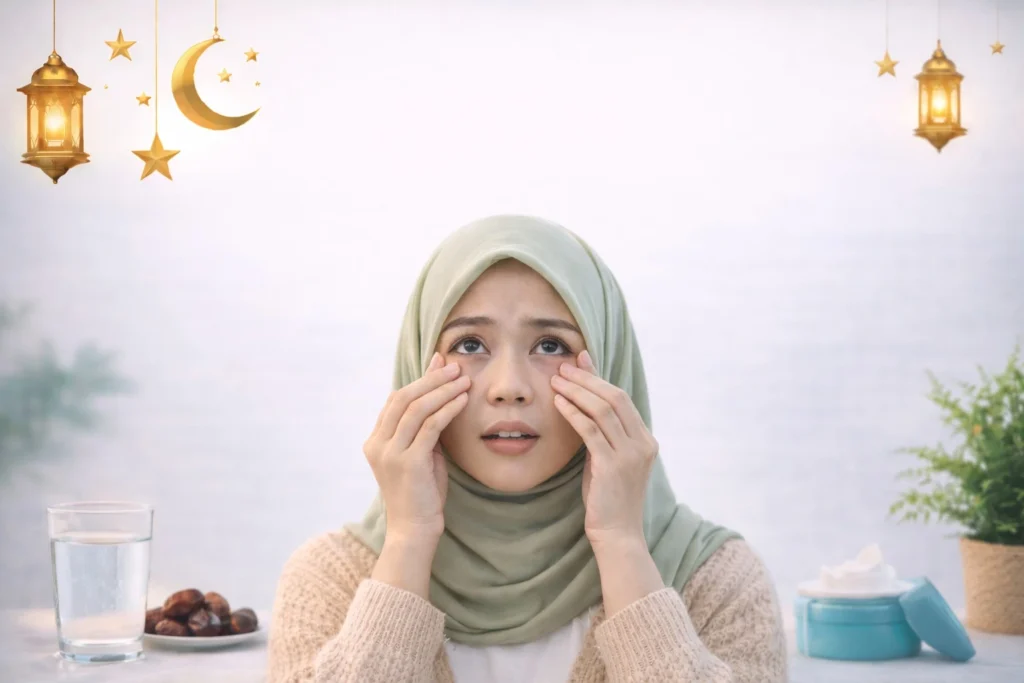 Wanita berhijab memeriksa kantung matanya dengan latar belakang tema Ramadan yang estetis