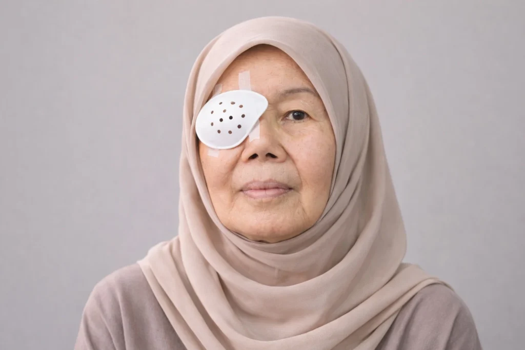 Wanita berhijab menggunakan penutup mata medis (eye shield) berlatar belakang abu-abu