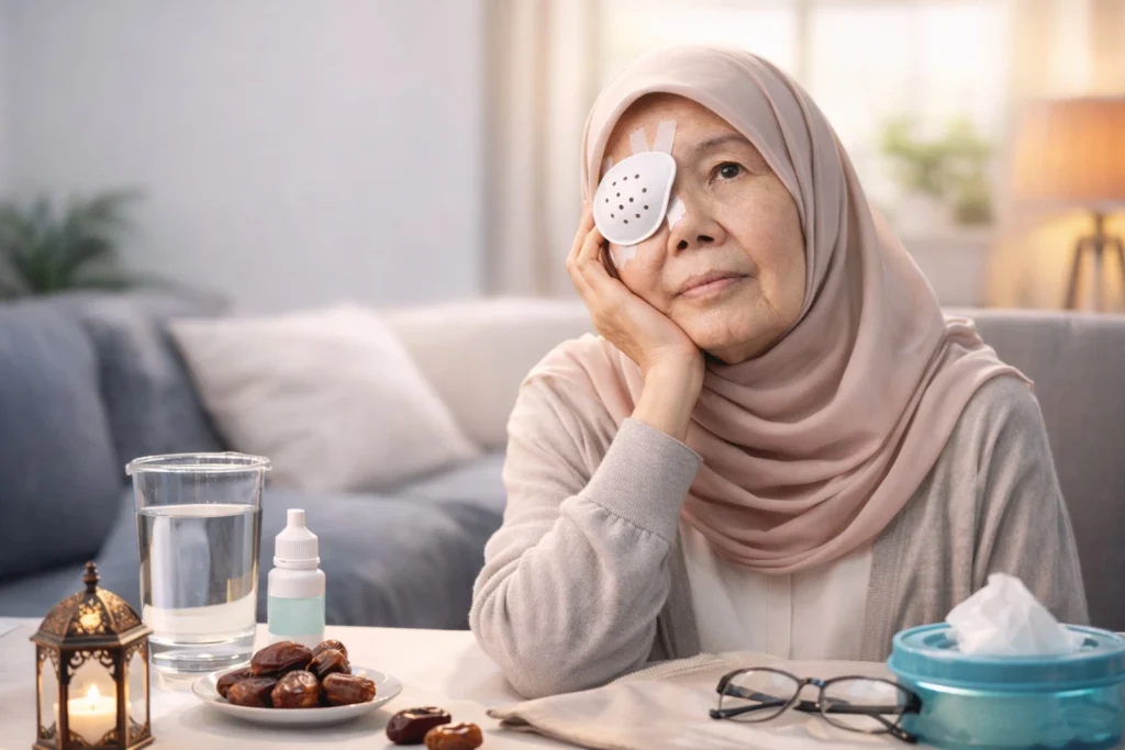 Wanita muslimah lanjut usia menggunakan pelindung mata medis di rumah dengan suasana hangat tema Ramadan