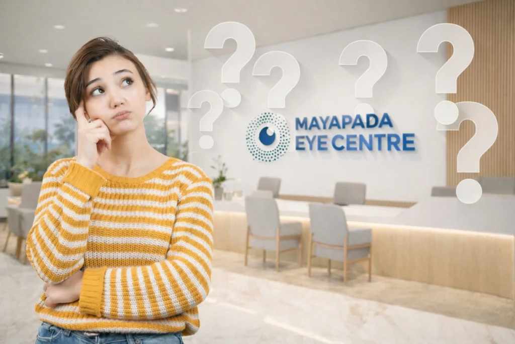 Seorang wanita dengan ekspresi bingung dan tangan di pipi berdiri di latar depan. Di latar belakang yang buram, terlihat lobi klinik Mayapada Eye Centre dengan tanda tanya mengambang, menyiratkan keraguan atau pertanyaan pasien tentang layanan.