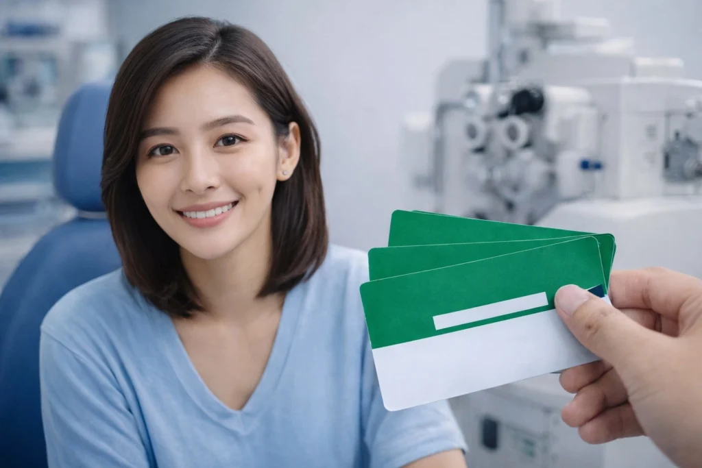 Seorang pasien wanita menerima kartu layanan atau pendaftaran di pusat kesehatan mata, menunjukkan suasana pelayanan yang ramah dan profesional