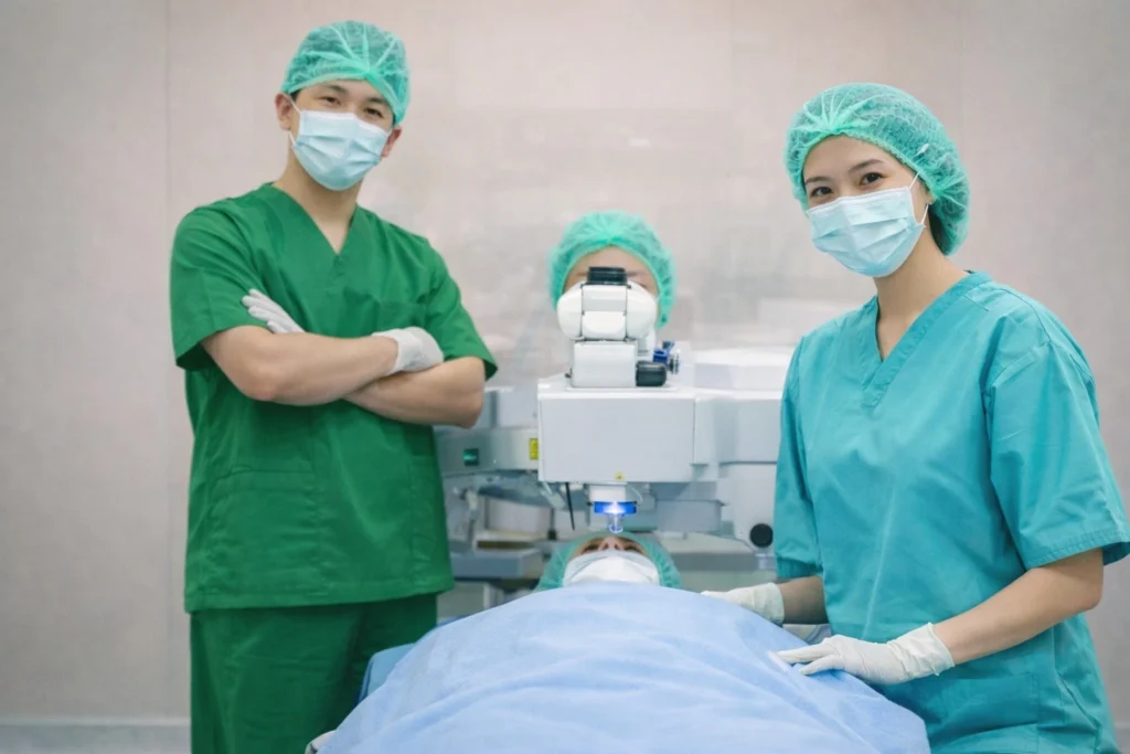 Tim profesional medis yang siap melakukan operasi mata menggunakan teknologi laser modern di dalam ruang operasi yang bersih dan steril.