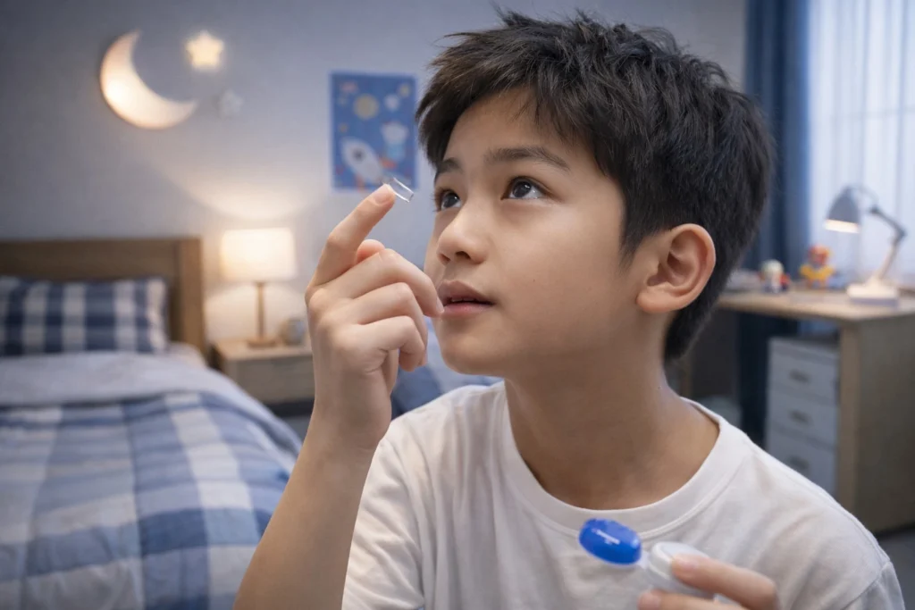 Seorang anak laki-laki sedang bersiap memasang lensa kontak di ujung jarinya di dalam kamar tidur.