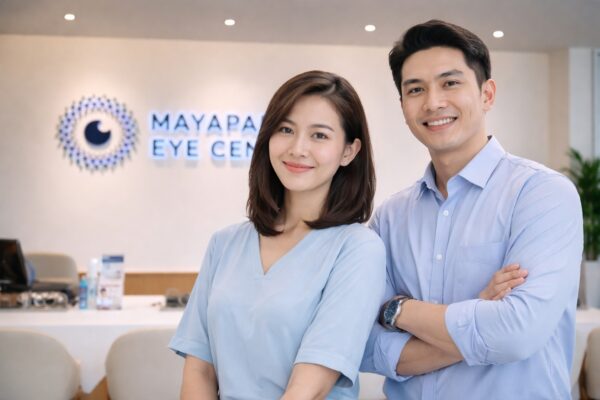 Tenaga medis Mayapada Eye Centre berpose di area lobi klinik dengan ekspresi ramah
