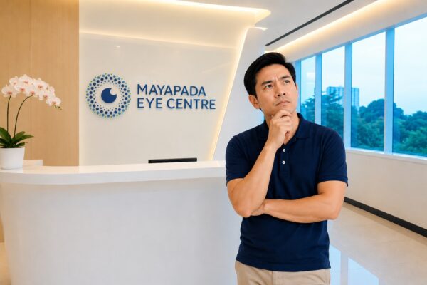 Seorang pria berdiri di lobi klinik mata dengan logo Mayapada Eye Centre, tangan di dagu, pandangan termenung ke samping.