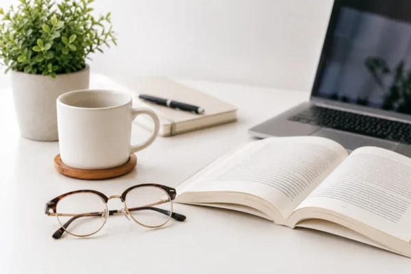 gambar kacamata, buku, gelas dan laptop diatas meja