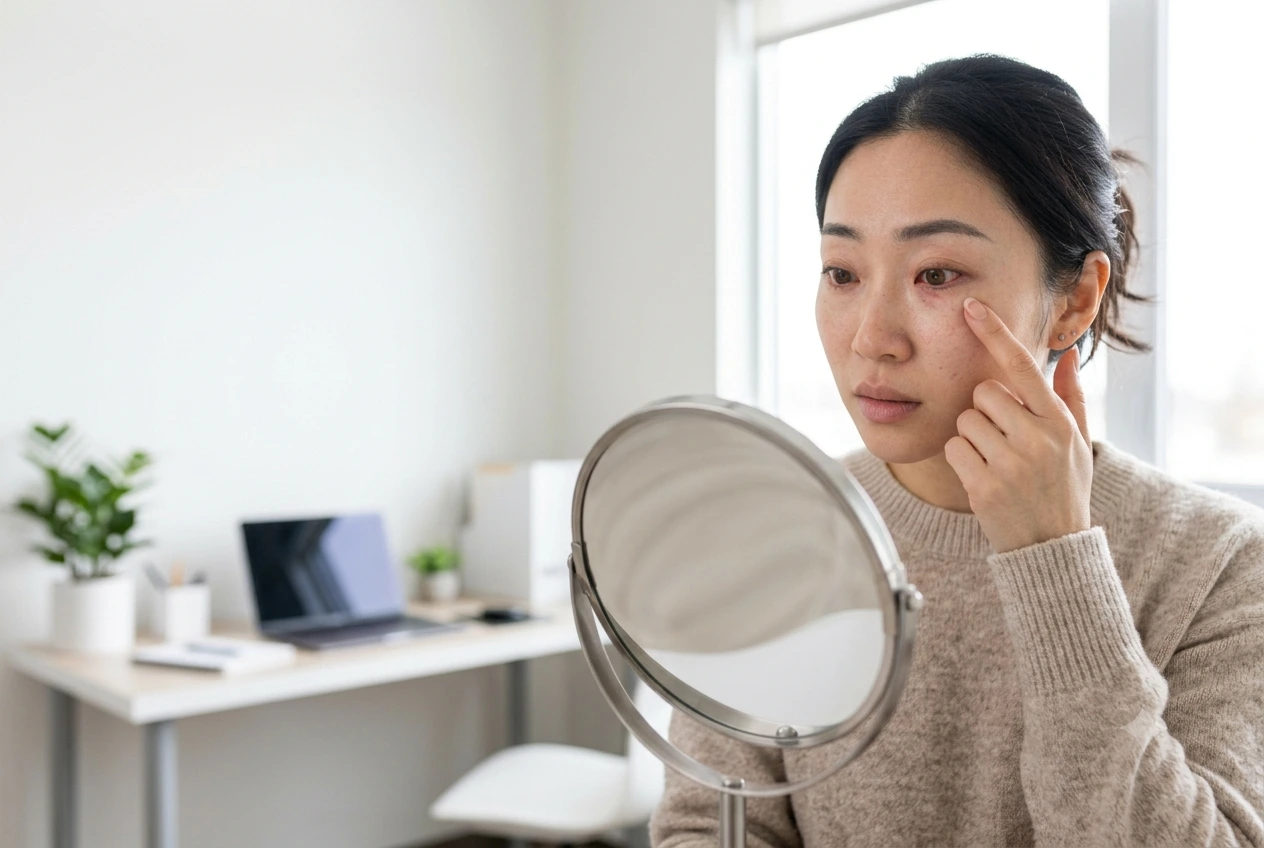 Seorang wanita Asia menatap ke cermin meja, menunjuk ke area di bawah matanya yang terlihat kemerahan dengan ekspresi khawatir. Latar belakang menunjukkan ruang kerja yang terang.