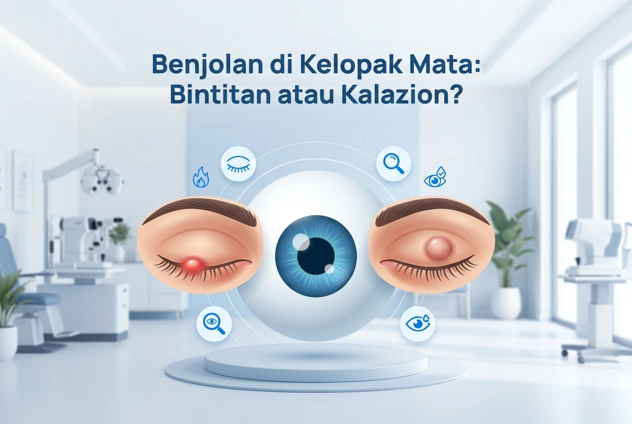 Ilustrasi animasi medis yang membandingkan bintitan (hordeolum) dan kalazion pada kelopak mata atas