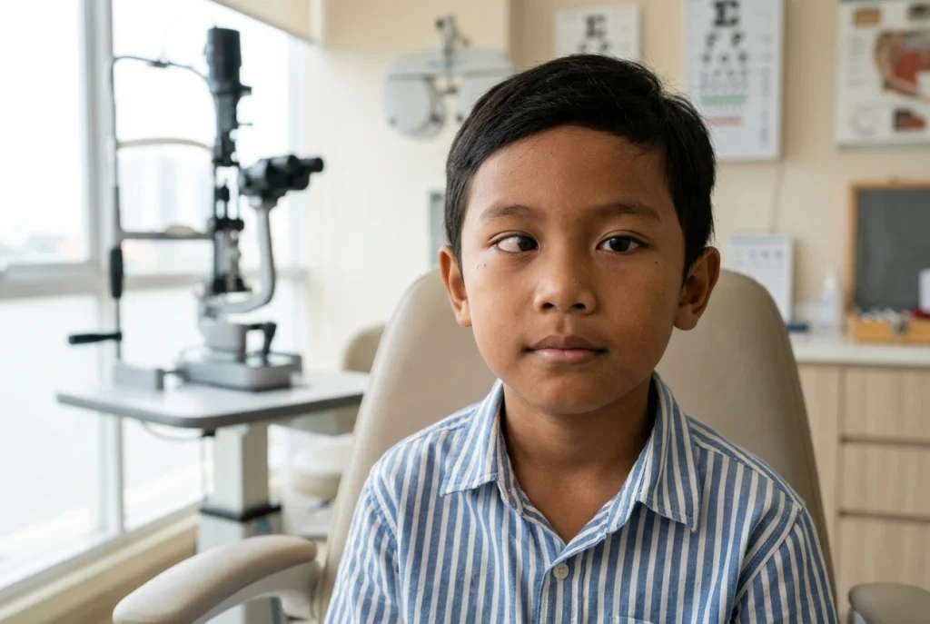 Potret seorang anak laki-laki yang mengalami mata juling.