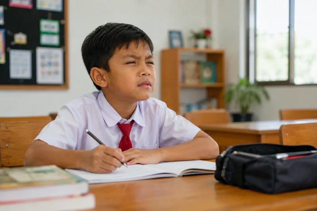 Anak Indonesia menyipitkan mata saat belajar di kelas, menggambarkan gejala mata minus atau miopia pada anak.