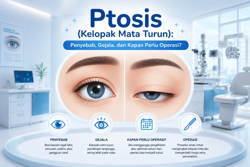 Ilustrasi animasi medis tentang ptosis (kelopak mata turun) di ruang klinik mata modern dan di bagian tengah terdapat perbandingan mata normal dan mata dengan ptosis.