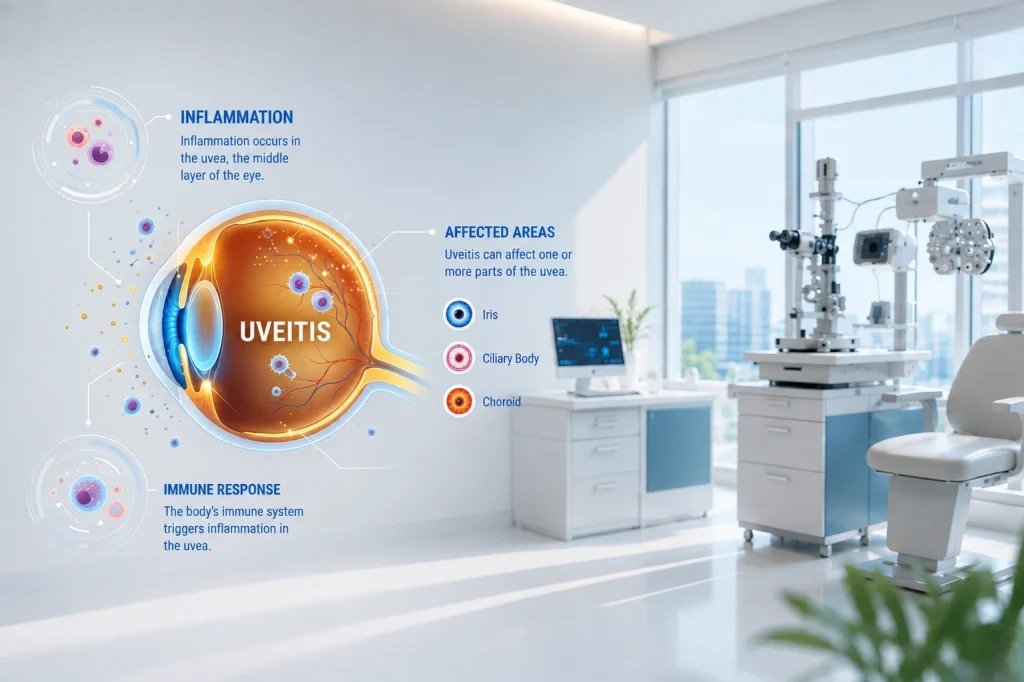 Ilustrasi anatomi mata 3D yang menjelaskan uveitis atau peradangan pada iris, badan siliar, dan koroid di klinik mata modern.