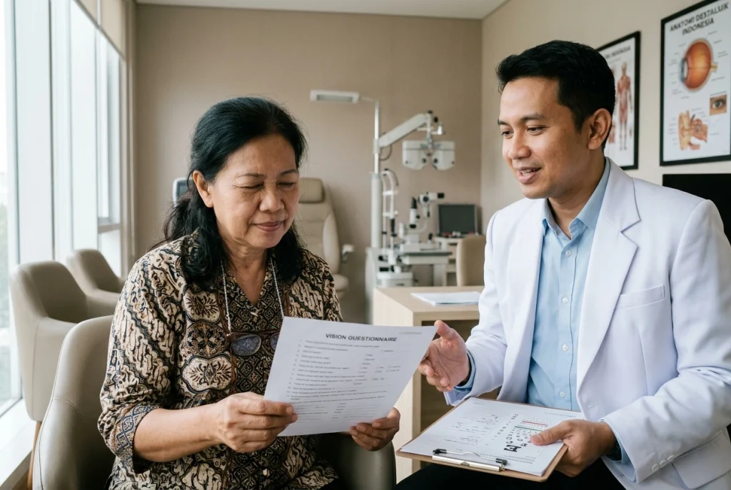 Seorang ibu lansia Indonesia sedang berkonsultasi dengan dokter mata di klinik modern mengenai kondisi penglihatannya.