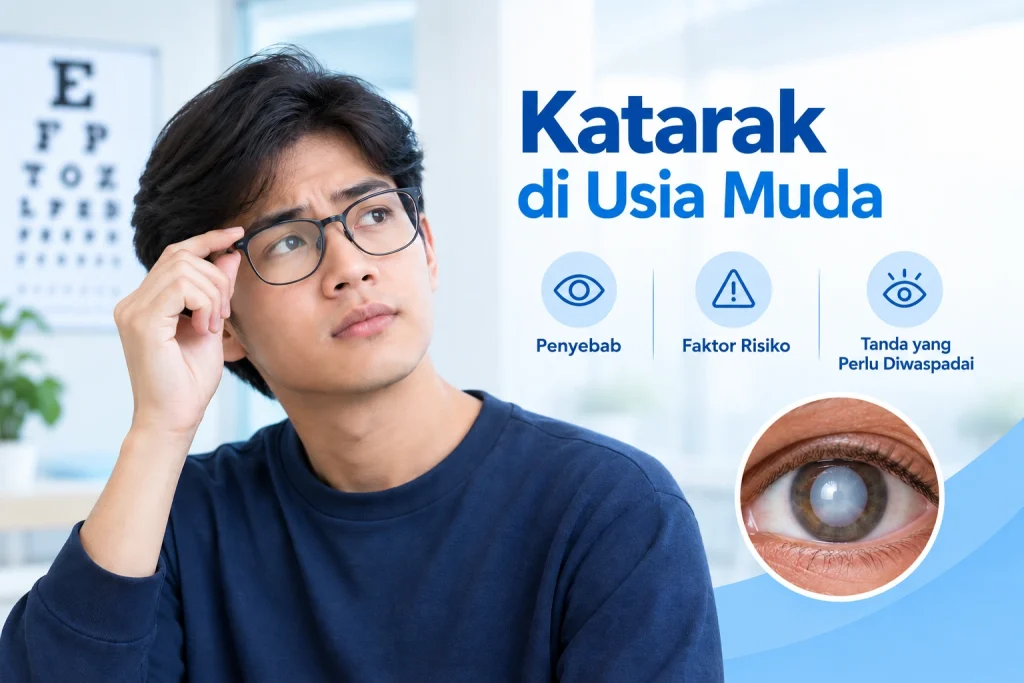 Potret seorang pria sedang memegang kacamata dan ilustrasi katarak diusia muda