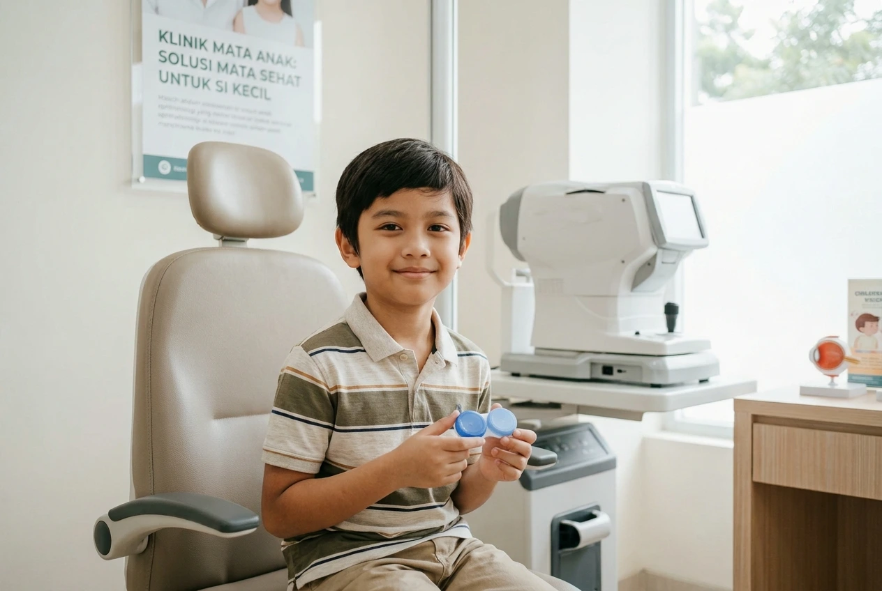 Potret seorang anak sedang memegang lensa Ortho-K